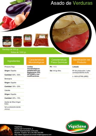 Ingredientes
Pimiento Rojo:
Origen: España
Cantidad: 60% - 50%
Berenjena
Origen: España
Cantidad: 35% - 25%
Cebolla
Origen: España
Cantidad: 20% - 15%
Aceite de Oliva Virgen
Extra
Sal y acidulante (ácido
cítrico).
Características
Microbiológicas
Límites
microbiológicos
establecidos por
Reglamento (CE)
2073/2005 y sus
modificaciones.
Características
Físico Químicas
Ph: < 4.5
Sal: 4-6 gr./litro
Identificación del
Producto
Loteado
Nº día producción / Letra
correspondiente al año
L- XXX-LETRA (AÑO)
 