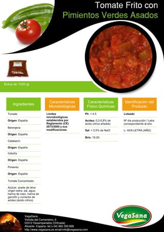 Ingredientes
Tomate:
Origen: España
Berenjena
Origen: España
Calabacín
Origen: España
Cebolla
Origen: España
Pimiento
Origen: España
Tomate Concentrado
Azúcar, aceite de oliva
virgen extra, sal, agua,
harina de maiz, harina de
garrofín y corrector de
acidez (ácido cítrico)
Características
Microbiológicas
Límites
microbiológicos
establecidos por
Reglamento (CE)
2073/2005 y sus
modificaciones.
Características
Físico Químicas
Ph: < 4.5
Acidez: 0,2-0,8% de
ácido cítrico añadido
Sal: < 2,5% de NaCl
Brix: 15-20
Identificación del
Producto
Loteado
Nº día producción / Letra
correspondiente al año
L- XXX-LETRA (AÑO)
 