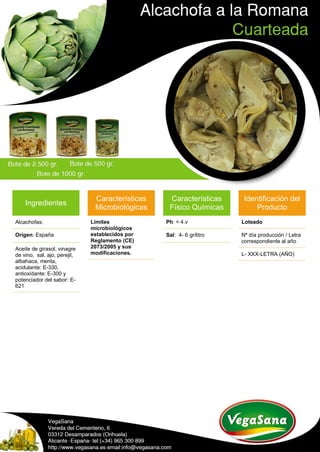 Ingredientes
Alcachofas:
Origen: España
Aceite de girasol, vinagre
de vino, sal, ajo, perejil,
albahaca, menta,
acidulante: E-330,
antioxidante: E-300 y
potenciador del sabor: E-
621
Características
Microbiológicas
Límites
microbiológicos
establecidos por
Reglamento (CE)
2073/2005 y sus
modificaciones.
Características
Físico Químicas
Ph: < 4.v
Sal: 4- 6 gr/litro
Identificación del
Producto
Loteado
Nº día producción / Letra
correspondiente al año
L- XXX-LETRA (AÑO)
 