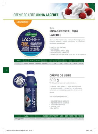 8
PRODUTO
CÓD.
INTERNO
CÓD. EAN CÓD. DUN 14
TIPO DE EMB.
DE EMBARQUE
ITENS
P/ CX.
PESO LÍQUIDO
CAIXA KG
P. BRUTO
CAIXA KG
TEMP. DE
ARMAZ.
VALIDADE
EM DIAS
CÓDIGO
NCM
PALETIZAÇÃO
(BxA=TOTAL)
CREME DE LEITE LACFREE
500 g
145 7898205922998 17898205922995 FARDO 12 6,00 6,38 1 ºC A 5 ºC 45 4022930 22 x 6 = 132
PRODUTO
CÓD.
INTERNO
CÓD. EAN CÓD. DUN 14
TIPO DE EMB.
DE EMBARQUE
ITENS
P/ CX.
PESO LÍQUIDO
CAIXA KG
P. BRUTO
CAIXA KG
TEMP. DE
ARMAZ.
VALIDADE
EM DIAS
CÓDIGO
NCM
PALETIZAÇÃO
(BxA=TOTAL)
QUEIJO MINAS FRESCAL
LACFREE 250 g
10.632.0001 7899205924336 17898205924333 CAIXA PAPELÃO 12 3,000 3,368 1 ºC A 8 ºC 30 0406.10.90 22 x 8 = 176
Versátil para o preparo de receitas saudáveis.
O Creme de Leite LACFREE é a opção ideal para bater
o verdadeiro chantilly e é perfeito para ser utilizado na
culinária ou em receitas especiais, além de ser livre de
lactose.
Suas receitas mais saborosas.
500 g
• REDUZIDO TEOR DE GORDURA
• REDUZIDO TEOR DE CALORIAS
• ALTA DIGESTIBILIDADE
• ZERO LACTOSE
• SEM GLÚTEN
CREME DE LEITE
CREME DE LEITE LINHA LACFREE
NOVIDADE!
Ideal para diferentes ocasiões e atende a famílias pequenas
(consumo imediato) e grandes (com apenas um consumidor
do alimento, por exemplo).
• ZERO LACTOSE (LACFREE)
• PRATICIDADE
• TAMANHO MINI: APROX. 250 G
• MELHORA O GIRO COMERCIAL
• GRAMATURA DIFERENCIADA: EVITA TROCAS DO PRODUTO
Queijo
MINAS FRESCAL MINI
LACFREE
8658-CATALOGO DE PRODUTOS IMPRESSO - 2016_A03.indd 8 12/08/16 10:32
 