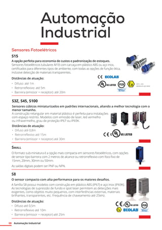 Automação Industrial
08
Small
O formato sub-miniatura é a opção mais compacta em sensores fotoelétricos, com opções
de sensor tipo barreira com 2 metros de alcance ou retrorreflexivo com foco fixo de
15mm, 20mm, 30mm ou 50mm.
As saídas digitais podem ser PNP ou NPN.
S8
O sensor compacto com alta performance para os maiores desafios.
A família S8 possui modelos com construção em plástico ABS (IP67) e aço inox (IP69K).
As tecnologias de supressão de fundo e spot laser permitem as detecções mais
exigentes, como objetos muito pequenos, com interferências externas, materiais
brilhantes, transparentes, etc. Frequência de chaveamento até 25kHz.
Distâncias de atuação:
•	 Difuso até 0,5m
•	 Retrorreflexivo até 10m
•	 Barreira (emissor + receptor) até 25m
S3Z, S45, S100
Sensores cúbicos miniaturizados em padrões internacionais, aliando a melhor tecnologia com o
menor tamanho.
A construção retangular em material plástico é perfeita para instalações
com espaço restrito. Modelos com emissão de laser, led vermelho
ou infravermelho, grau de proteção IP67 ou IP69K.
Distâncias de atuação:
•	 Difuso até 0,8m
•	 Retrorreflexivo até 15m
•	 Barreira (emissor + receptor) até 30m
Automação
Industrial
Sensores Fotoelétricos
S15
A opção perfeita para economia de custos e padronização de estoques.
Sensores fotoelétricos tubulares M18 com carcaça em plástico ABS ou aço inox,
certificados para diferentes tipos de ambiente, com todas as opções de função ótica,
inclusive detecção de materiais transparentes.
Distâncias de atuação:
•	 Difuso: até 1m
•	 Retrorreflexivo: até 5m
•	 Barreira (emissor + receptor): até 20m
 