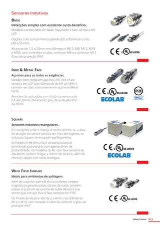 Safety Control 013
Inox & Metal Face
Aço Inox para as todas as exigências.
Versões com corpo em aço Inox AISI 303 e face
sensora em LCP com diâmetros do M4 ao M30, e
também versões inteiramente em aço Inox (Metal
Face).
Atendem às aplicações com distância sensora de
0,8 até 20mm, oferecendo grau de proteção IP67
ou IP69K.
Square
Sensores indutivos retangulares.
Em situações onde o espaço é muito restrito, ou a área
de atuação do sensor precisa ser mais abrangente, os
indutivos Square se encaixam perfeitamente.
O modelo IS-88 tem a face sensora na lateral,
permitindo posicioná-lo com apenas 8mm de
profundidade. Os modelos IS-40, com face sensora de
40x40mm, podem chegar a 30mm de alcance, além de
oferecer opção com saída analógica.
Weld Field Immune
Ideais para ambientes de soldagem.
Além de suportar com eficiência os fortes campos
magnéticos gerados pelas células de solda, também
evitam o acúmulo de escória de solda devido à sua
construção em aço Inox e face sensora em PTFE.
Os limites de alcance vão de 2 a 8mm, nos diâmetros
M12 e M18, com conexão a cabo ou conector e grau de
proteção IP67.
Sensores Indutivos
Basic
Detecções simples com excelente custo-benefício.
Modelos construídos em latão niquelado e face sensora em
LCP.
Opções com comprimento padrão (65 a 85mm) e curto
(40 a 55mm).
Alcances de 1,5 a 20mm em diâmetros M6.5, M8, M12, M18
e M30, com conexões a cabo, conector M8 ou conector M12.
Grau de proteção IP67.
 