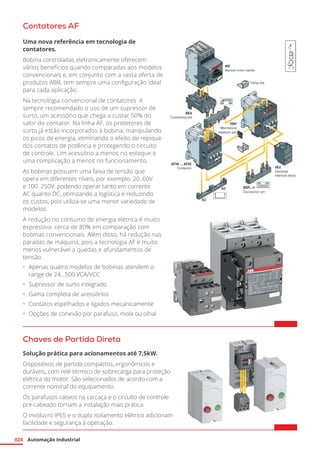 Automação Industrial
024
Contatores AF
Uma nova referência em tecnologia de
contatores.
Bobina controladas eletronicamente oferecem
vários benefícios quando comparadas aos modelos
convencionais e, em conjunto com a vasta oferta de
produtos ABB, tem sempre uma configuração ideal
para cada aplicação.
Na tecnologia convencional de contatores é
sempre recomendado o uso de um supressor de
surto, um acessório que chega a custar 50% do
valor do contator. Na linha AF, os protetores de
surto já estão incorporados à bobina, manipulando
os picos de energia, eliminando o efeito de repique
dos contatos de potência e protegendo o circuito
de controle. Um acessório a menos no estoque e
uma complicação a menos no funcionamento.
As bobinas possuem uma faixa de tensão que
opera em diferentes níveis, por exemplo: 20..60V
e 100..250V, podendo operar tanto em corrente
AC quanto DC, otimizando a logística e reduzindo
os custos, pois utiliza-se uma menor variedade de
modelos.
A redução no consumo de energia elétrica é muito
expressiva: cerca de 80% em comparação com
bobinas convencionais. Além disso, há redução nas
paradas de máquina, pois a tecnologia AF é muito
menos vulnerável a quedas e afundamentos de
tensão.
•	 Apenas quatro modelos de bobinas atendem o
range de 24...500 VCA/VCC
•	 Supressor de surto integrado
•	 Gama completa de acessórios
•	 Contatos espelhados e ligados mecanicamente
•	 Opções de conexão por parafuso, mola ou olhal
Chaves de Partida Direta
Solução prática para acionamentos até 7,5kW.
Dispositivos de partida compactos, ergonômicos e
duráveis, com relé térmico de sobrecarga para proteção
elétrica do motor. São selecionados de acordo com a
corrente nominal do equipamento.
Os parafusos cativos na carcaça e o circuito de controle
pré-cabeado tornam a instalação mais prática.
O invólucro IP65 e o duplo isolamento elétrico adicionam
facilidade e segurança à operação.
 