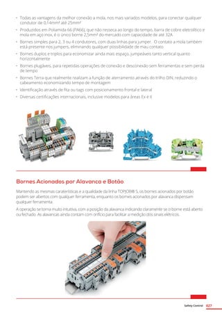 Safety Control 027
•	 Todas as vantagens da melhor conexão a mola, nos mais variados modelos, para conectar qualquer
condutor de 0,14mm² até 25mm²
•	 Produzidos em Poliamida 66 (PA66), que não resseca ao longo do tempo, barra de cobre eletrolítico e
mola em aço inox, é o único borne 2,5mm² do mercado com capacidade de até 32A
•	 Bornes simples para 2, 3 ou 4 condutores, com duas linhas para jumper. O contato a mola também
está presente nos jumpers, eliminando qualquer possibilidade de mau contato
•	 Bornes duplos e triplos para economizar ainda mais espaço, jumpeáveis tanto vertical quanto
horizontalmente
•	 Bornes plugáveis, para repetidas operações de conexão e desconexão sem ferramentas e sem perda
de tempo
•	 Bornes Terra que realmente realizam a função de aterramento através do trilho DIN, reduzindo o
cabeamento economizando tempo de montagem
•	 Identificação através de fita ou tags com posicionamento frontal e lateral
•	 Diversas certificações internacionais, inclusive modelos para áreas Ex e II	
Bornes Acionados por Alavanca e Botão
Mantendo as mesmas caraterísticas e a qualidade da linha TOPJOB® S, os bornes acionados por botão
podem ser abertos com qualquer ferramenta, enquanto os bornes acionados por alavanca dispensam
qualquer ferramenta.
A operação se torna muito intuitiva, com a posição da alavanca indicando claramente se o borne está aberto
ou fechado. As alavancas ainda contam com orifício para facilitar a medição dos sinais elétricos.
 