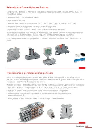 Safety Control 029
Relés de Interface e Optoacopladores
Completa linha de relés de interface e optoacopladores plugáveis com contatos a mola e LED de
indicação de status.
•	 Modelos com 1, 2 ou 4 contatos NA/NF
•	 Correntes de até 16A
•	 Bobinas com tensão de acionamento 5VDC, 12VDC, 24VDC, 48VDC, 115VAC ou 220VAC
•	 Modelos com contatos guiados para aplicações de segurança
•	 Optoacopladores e Relés de Estado Sólido com chaveamentos até 10kHz
Os modelos Slim são os mais compactos do mercado, com apenas 6mm de espessura, permitindo
um excelente aproveitamento de espaço no painel com total organização e segurança.
A conexão paralela através de jumpers economiza no tempo de instalação e de cabeamento do
painel.	
Transdutores e Condicionadores de Sinais
Os transdutores JumpFlex® são utilizados para converter diferentes tipos de sinais elétricos com
precisão, ou simplesmente para amplificar sinais e isolar equipamentos galvanicamente, sempre com a
praticidade e a confiabilidade das conexões a mola.
Modelos universais e dedicados, configuráveis por dip-switch ou via software, para diversas finalidades:
•	 Conversão de sinais analógicos como: 0..10V, 1..5V, 4..20mA, 0..20mA, 0..60mV, entre outros
•	 Conversão de sinal analógico em saída digital com limite threshold configurável
•	 Amplificação e isolação de sinal para tensão, corrente, células de carga, termopares,
termorresistências, etc
•	 Medição direta de correntes até 80A com saída analógica ou rede Modbus
 