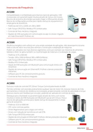 Safety Control 045
ACS580
Eficiência energética sem esforço em uma ampla variedade de aplicações. Alto desempenho durante
todo o ciclo de vida e recursos para otimizar a construção e adaptação de máquinas.
Podem ser utilizados nos mais diversos segmentos como por exemplo nas indústrias de alimentos,
bebidas e têxtil. Se aplica também na movimentação de materiais e na elevação de cargas.
•	 Potência: 0.75 a 500 kW
•	 Tensão: 200 a 240V (trifásica) 380 a 480V (trifásica)
•	 Safe Torque Off (STO) e Modbus RTU embarcados
•	 Modbus RTU Embarcada
•	 Opção de IHM avançada com Bluetooth para comunicação direta com
Smartfone
•	 Opções de comunicação em Ethernet/IP, Profinet e demais protocolos
industriais
•	 Software para PC de comissionamento gratuito;
•	 Controle de freio mecânico integrado
ACS880
Exclusivo modo de controle DTC (Direct Torque Control) patenteado da ABB
Permite controlar com precisão praticamente qualquer tipo de motor CA, inclusive motores de ímãs
permanentes e motores de relutância sincronizados, proporcionando controle de velocidade e torque
precisos mesmo sem feedback por encoder, podendo ser aplicado em controle de eixos.
Destaque para a facilidade na parametrização através de menu com ícones
intuitivos e textos da IHM Avançada com Bluetooth que já vem inclusa. Possui
macros de aplicações prontas para rápido startup do equipamento e ampla
gama de acessórios.
•	 Potência: 0.55 to 6000 kW
•	 DTC como controle padrão
•	 Drives Regenerativos para cargas com inércia
•	 Drives com redução de harmônicas em até 97%
•	 Safe Torque Off (STO) embarcado
•	 Opções de comunicação em Ethernet/IP, Profinet e demais protocolos industriais
•	 Software para PC de comissionamento gratuito
•	 Controle de freio mecânico integrado	
Inversores de Frequência
ACS380
Compatibilidade e confiabilidade para diversos tipos de aplicações. IHM
incorporada com parametrização intuitiva através de menus com ícones.
Recurso de economia de energia que pode chegar a 20% quando ativado.
Macros de configurações prontas para rápido startup do equipamento e
ampla gama de acessórios.
•	 Potências de 0.25 a 22kW, em 200 a 480V
•	 Safe Torque Off (STO) e Modbus RTU embarcados
•	 Controle de freio mecânico integrado
•	 Opções de IHM avançada com comunicação via app no celular e ligação
em rede Ethernet/IP, Profinet, etc	
 