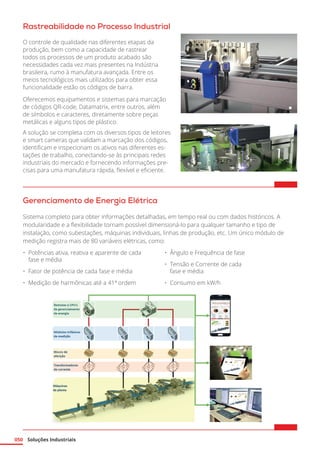 Soluções Industriais
050
Rastreabilidade no Processo Industrial
O controle de qualidade nas diferentes etapas da
produção, bem como a capacidade de rastrear
todos os processos de um produto acabado são
necessidades cada vez mais presentes na Indústria
brasileira, rumo à manufatura avançada. Entre os
meios tecnológicos mais utilizados para obter essa
funcionalidade estão os códigos de barra.
Oferecemos equipamentos e sistemas para marcação
de códigos QR-code, Datamatrix, entre outros, além
de símbolos e caracteres, diretamente sobre peças
metálicas e alguns tipos de plástico.
A solução se completa com os diversos tipos de leitores
e smart cameras que validam a marcação dos códigos,
identificam e inspecionam os ativos nas diferentes es-
tações de trabalho, conectando-se às principais redes
industriais do mercado e fornecendo informações pre-
cisas para uma manufatura rápida, flexível e eficiente.
Gerenciamento de Energia Elétrica
Sistema completo para obter informações detalhadas, em tempo real ou com dados históricos. A
modularidade e a flexibilidade tornam possível dimensioná-lo para qualquer tamanho e tipo de
instalação, como subestações, máquinas individuais, linhas de produção, etc. Um único módulo de
medição registra mais de 80 variáveis elétricas, como:
•	 Potências ativa, reativa e aparente de cada
fase e média
•	 Fator de potência de cada fase e média
•	 Medição de harmônicas até a 41ª ordem
•	 Ângulo e Frequência de fase
•	 Tensão e Corrente de cada
fase e média
•	 Consumo em kW/h
 