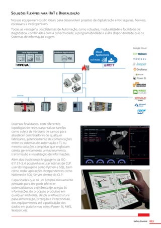 Safety Control 053
Soluções Flexíveis para IIoT e Digitalização
Nossos equipamentos são ideais para desenvolver projetos de digitalização e IIot seguros, flexíveis,
escaláveis e interoperáveis.
Todas as vantagens dos Sistemas de Automação, como robustez, modularidade e facilidade de
diagnóstico, combinadas com a conectividade, a programabilidade e a alta disponibilidade que os
Sistemas de Informação exigem.
Diversas finalidades, com diferentes
topologias de rede, para realizar tarefas
como coleta de variáveis de campo para
abastecer controladores de qualquer
fabricante, gerenciamento de comunicações
entre os sistemas de automação e TI, ou
mesmo soluções completas que englobam
coleta, gerenciamento, armazenamento,
transmissão e visualização de informações.
Além das tradicionais linguagens da IEC-
61131-3, é possível executar rotinas de CLP
usando linguagens como Python e SQL, bem
como rodar aplicações independentes como
Nodered e SQL-Server dentro do CLP.
Capacidades que só um sistema nativamente
pensado para IIot pode oferecer,
potencializando a dinâmica de acesso às
informações do processo produtivo em
qualquer ambiente, desde a infraestrutura
para alimentação, proteção e interconexão
dos equipamentos até a publicação dos
dados em plataformas como Power BI, AWS,
Watson, etc.
 