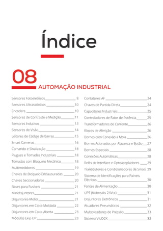 Índice
08AUTOMAÇÃO INDUSTRIAL
Sensores Fotoelétricos________________________ 8
Sensores Ultrassônicos______________________10
Encoders_____________________________________10
Sensores de Contraste e Medição___________11
Sensores Indutivos___________________________13
Sensores de Visão____________________________14
Leitores de Código de Barras________________15
Smart Cameras_______________________________16
Comando e Sinalização______________________18
Plugues e Tomadas Industriais______________18
Tomadas com Bloqueio Mecânico___________18
Multimedidores______________________________19
Chaves de Bloqueio Enclausuradas_________20
Chaves Seccionadoras_______________________20
Bases para Fusíveis__________________________21
Minidisjuntores_______________________________21
Disjuntores-Motor___________________________21
Disjuntores em Caixa Moldada______________22
Disjuntores em Caixa Aberta________________23
Módulos Ekip UP_____________________________23
Contatores AF________________________________24
Chaves de Partida Direta_____________________24
Capacitores Industriais_______________________25
Controladores de Fator de Potência_________25
Transformadores de Corrente_______________26
Blocos de Aferição___________________________26
Bornes com Conexão a Mola________________26
Bornes Acionados por Alavanca e Botão____27
Bornes Especiais_____________________________28
Conexões Automáticas______________________28
Relés de Interface e Optoacopladores______29
Transdutores e Condicionadores de Sinais_ 29
Sistema de Identificações para Paineis
Elétricos______________________________________30
Fontes de Alimentação_______________________30
UPS (Nobreaks 24Vcc)_______________________31
Disjuntores Eletrônicos______________________31
Atuadores Pneumáticos_____________________32
Multiplicadores de Pressão__________________33
Sistema V-LOCK______________________________33
 