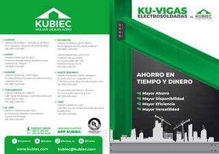 Rev.
VigasElec
-
VE–
05-2021
AHORRO EN
TIEMPO Y DINERO
Mayor Ahorro
Mayor Disponibilidad
Mayor Eﬁciencia
Mayor Versatilidad
kubiec@kubiec.com
 