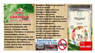 Previene tumores, especial
para el tratamiento del
cáncer, controla células
malignas. Fortalece el sistema
inmunológico, ayuda a
controlar, la hipertensión, los
desordenes del hígado, mejora
la digestión, desinflama el
colon, ofrece una apariencia
saludable a la piel.
MultiAloe Organic presenta el
Té de Graviola.
Formula elaborada con:
Colágeno Hidrolizado
Aloe Vera en polvo
Té Negro, Te Verde, Stevia y
el porcentaje del recurso activo
que requiere el organismo para
su metabolización.
Preparación: coloque una
cucharadita de este Té en un
pocillo de agua caliente
revuelva y deje reposar,
disfrute de esta deliciosa
bebida saludable.
Célula maligna
 