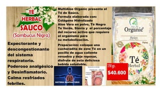 Expectorante y
descongestionante
del sistema
respiratorio.
Poderoso analgésico
y Desinflamatorio.
Calma resfriados
febriles.
MultiAloe Organic presenta el
Té de Saúco.
Formula elaborada con:
Colágeno Hidrolizado
Aloe Vera en polvo, Té Negro
Te Verde, Stevia y el porcentaje
del recurso activo que requiere
el organismo para
su metabolización.
Preparación: coloque una
cucharadita de este Té en un
pocillo de agua caliente
revuelva y deje reposar,
disfrute de esta deliciosa
bebida saludable.
SISTEMA RESPIRATORIO
 