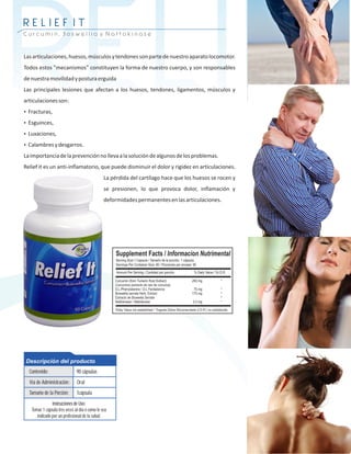 RELIF
RELIEF IT
Curcumin, Boswellia y Nattokinase



Las articulaciones, huesos, músculos y tendones son parte de nuestro aparato locomotor.
Todos estos "mecanismos” constituyen la forma de nuestro cuerpo, y son responsables
de nuestra movilidad y postura erguida
Las principales lesiones que afectan a los huesos, tendones, ligamentos, músculos y
articulaciones son:
ŸFracturas,

ŸEsguinces,

ŸLuxaciones,

ŸCalambres y desgarros.

La importancia de la prevención no lleva a la solución de algunos de los problemas.
Relief it es un anti-inflamatorio, que puede disminuir el dolor y rigidez en articulaciones.
                                                La pérdida del cartílago hace que los huesos se rocen y
                                                se presionen, lo que provoca dolor, inflamación y
                                                deformidades permanentes en las articulaciones.




Descripción del producto
  Contenido:                   90 cápsulas
  Vía de Administración:       Oral
  Tamaño de la Porción:        1cápsula
               Instrucciones de Uso:
   Tomar 1 cápsula tres veces al día o como le sea
      indicado por un profesional de la salud.
 