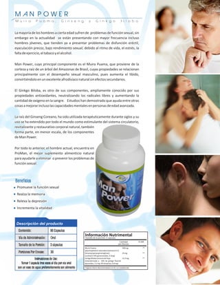 Beneficios




  Contenido:                90 Capsulas
  Vía de Administración:    Oral
  Tamaño de la Porción:     3 cápsulas
  Porciones Por Envase:     30
               Instrucciones de Uso:
    Tomar 1 capsula tres veces al dia por via oral
 con un vaso de agua preferentemente con alimento
 