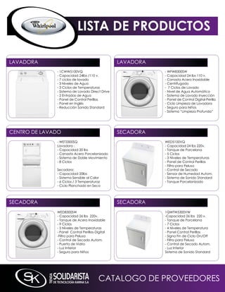 LISTA DE PRODUCTOS

LAVADORA                                         LAVADORA
              - 1CWW5100Vq                                  - WFW8300SW
              - Capacidad 24lbs /110 v.                     - Capacidad 24 lbs 110 v.
              - 7 ciclos de lavado                          - Canasta Acero inoxidable
              - 3 niveles de Agua                           - Centrifugado
              - 3 Ciclos de Temperaturas                    - 7 Ciclos de Lavado
              - Sistema de Lavado Direct Drive              - nivel de Agua Automático
              - 2 Entradas de Agua                          - Sistema de Lavado inyección
              - Panel de Control Perillas                   - Panel de Control Digital-Perilla
              - Panel en inglés                             - Ciclo Limpieza de Lavadora
              - Reducción Sonido Standard                   - Seguro para niños
                                                            - Sistema “Limpieza Profunda”




CEnTRO DE LAVADO                                 SECADORA
              - WET3300Sq                                   WED5100Vq
              Lavadora :                                    - Capacidad 24 lbs 220v.
              - Capacidad 20 lbs                            - Tanque de Porcelana
              - Canasta Acero Porcelanizado                 - 5 Ciclos
              - Sistema de Doble movimiento                 - 3 niveles de Temperaturas
              - 8 Ciclos                                    - Panel de Control Perillas
                                                            - Filtro para Pelusa
              Secadora:                                     - Control de Secado
              - Capacidad 20lbs                             - Sensor de Humedad Autom.
              - Sistema Sensible al Calor                   - Sistema de Sonido Standard
              - 6 Ciclos / 3 Temperaturaz                   - Tanque Porcelanizado
              - Ciclo Planchado en Seco




SECADORA                                         SECADORA
              WED8300SW                                     1qWTW5300VW
              - Capacidad 26 lbs 220v.                      -Capacidad 26 lbs 220 v.
              - Tanque de Acero inoxidable                  - Tanque de Porcelana
              - 9 Ciclos                                    - 7 Ciclos
              - 5 niveles de Temperaturas                   - 4 niveles de Temperatura
              - Panel Control Perillas-Digital              - Panel Control Perillas
              -Filtro para Pelusa                           - Signo Fin de Ciclo On/Off
              - Control de Secado Autom.                    - Filtro para Pelusa
              - Puerta de Vidrio                            - Control de Secado Autom.
              - Luz interior                                - Luz interior
              - Seguro para niños                           Sistema de Sonido Standard




                                         CATALOGO DE PROVEEDORES
 