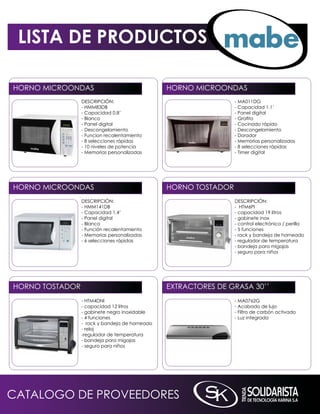 LISTA DE PRODUCTOS

HORnO miCROOnDAS                                HORnO miCROOnDAS
                 DESCRiPCiÓn:                                    - mA011DG
                 - Hmm83DB                                       - Capacidad 1.1’
                 - Capacidad 0.8’                                - Panel digital
                 - Blanco                                        - Grafito
                 - Panel digital                                 - Cocinado rápido
                 - Descongelamiento                              - Descongelamiento
                 - Funcion recalentamiento                       - Dorador
                 - 8 selecciones rápidas                         - memorias personalizadas
                 - 10 niveles de potencia                        - 8 selecciones rápidas
                 - memorias personalizadas                       - Timer digital




HORnO miCROOnDAS                                HORnO TOSTADOR
                 DESCRiPCiÓn:                                    DESCRiPCiÓn:
                 - Hmm141DB                                      - HTm6Pi
                 - Capacidad 1.4’                                - capacidad 19 litros
                 - Panel digital                                 - gabinete inox
                 - Blanco                                        - control electrónico / perilla
                 - Función recalentamiento                       - 5 funciones
                 - memorias personalizadas                       - rack y bandeja de horneado
                 - 6 selecciones rápidas                         - regulador de temperatura
                                                                 - bandeja para migajas
                                                                 - seguro para niños




HORnO TOSTADOR                                  EXTRACTORES DE GRASA 30’’
                 - HTm4Dni                                       - mA0762G
                 - capacidad 12 litros                           - Acabado de lujo
                 - gabinete negro inoxidable                     - Filtro de carbón activado
                 - 4 funciones                                   - Luz integrada
                 - rack y bandeja de horneado
                 - reloj
                 -regulador de temperatura
                 - bandeja para migajas
                 - seguro para niños




CATALOGO DE PROVEEDORES
 