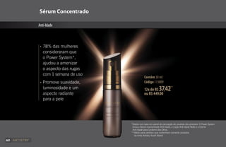 Contêm 30 ml
Código 113809
Sérum Concentrado
Anti-Idade
*
Dados com base em painel de percepção de usuárias dos produtos. O Power System
inclui o Sérum Concentrado Anti-Idade, a Loção Anti-Idade Noite e o Creme
Anti-Idade para Contorno dos Olhos.
**Válido para pedidos que contenham somente produtos
da linha Artistry Youth Xtend.
•	78% das mulheres
	 consideraram que
	 o Power System*,
	 ajudou a amenizar
	 o aspecto das rugas
	 com 1 semana de uso
•	Promove suavidade,
	 luminosidade e um
	 aspecto radiante 	
	 para a pele
12x de R$37,42**
ou R$ 449,00
60
 