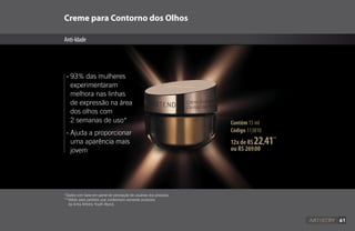 61
Creme para Contorno dos Olhos
Anti-Idade
*Dados com base em painel de percepção de usuárias dos produtos.
**Válido para pedidos que contenham somente produtos
da linha Artistry Youth Xtend.
• 93% das mulheres
experimentaram
melhora nas linhas
de expressão na área
dos olhos com
2 semanas de uso*
• Ajuda a proporcionar
uma aparência mais
jovem
Contêm 15 ml
Código 113810
12x de R$22,41**
ou R$ 269,00
61
 