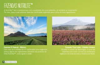 FAZENDASNUTRILITE™
Fazenda Trout Lake - Estados Unidos:
Situada no estado de Washington, é uma das
fazendas com maior número de certificados
orgânicos de ervas de toda a América do Norte.
A NutriliteTM
tem o compromisso com a qualidade dos seus produtos, da semente ao suplemento.
Por isso, possui suas próprias fazendas certificadas orgânicas para cultivo de seus ingredientes.
Fazenda El Petecal - México:
Com mais de 5 milhões de m2
certificados como orgânicos,
produz alguns dos ingredientes utilizados nos produtos da
linha Nutrilite™, como agrião e limão.
8
 