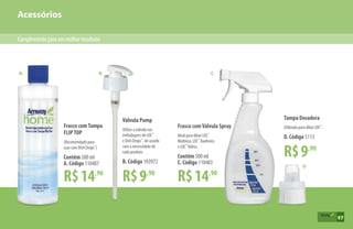 Acessórios
Complementoparaummelhorresultado
97
Frasco comVálvula Spray
Ideal para diluir LOC™
Multiúso, LOC™
Banheiro
e LOC™
Vidros.
R$14,90
Contêm 500 ml
C. Código 110483
A
B. Código 103972
Utilize a válvula nas
embalagens de LOC™
e Dish Drops™
, de acordo
com a necessidade de
cada produto
Válvula Pump
R$9,90
CB
D
Frasco comTampa
FLIPTOP
(Recomendado para
usar com Dish Drops™
)
R$14,90
Contêm 500 ml
A. Código 110487
R$9,90
Tampa Dosadora
Utilizado para diluir LOC™
.
D. Código 5113
97
 