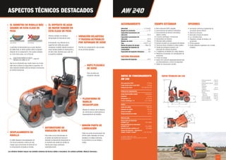 4 / 5
EL DEPÓSITO DE AGUA
DE MAYOR TAMAÑO EN
ESTA CLASE DE PESO
Sistema rociador con bomba y
temporizador de intervalo de serie:
Humectación muy eficiente de la
superficie del rodillo para poder
compactar el asfalto caliente durante el
mayor tiempo posible sin interrupción y,
de este modo, absorber poco calor de
la superficie asfaltada.
VIBRACIÓN DELANTERA
Y TRASERA ACTIVABLES
POR SEPARADO DE SERIE
Permite una compactación más sensible
en las primeras pasadas.
ROPS PLEGABLE
DE SERIE
Para una altura de
transporte reducida.
PLATAFORMA DE
MANEJO
DESACOPLADA
Manejo sin esfuerzo de la máquina
sin merma para la salud gracias al
desacoplamiento del bastidor.
NINGÚN PUNTO DE
LUBRICACIÓN
Todos los puntos de articulación del
cilindro están diseñados de forma
duradera y no deben lubricarse,
lo cual ahorra a su vez tiempo y
costes.
AUTOMATISMO DE
VIBRACIÓN DE SERIE
Para evitar surcos transversales en
el cambio del sentido de marcha la
vibración se desconecta brevemente en
el momento del cambio de sentido de
marcha para luego reactivarse
automáticamente.
DESPLAZAMIENTO DE
RODILLO
El rodillo delantero está desplazado 50
mm hacia la derecha y ofrece así más
margen para correcciones de dirección en
la compactación enrasada en bordes.
ASPECTOS TÉCNICOS DESTACADOS
EL DIÁMETRO DE RODILLO MÁS
GRANDE DE ESTA CLASE DE
PESO
La práctica ha demostrado que un gran diámetro
de rodillo tiene un efecto positivo sobre la planitud
después de la compactación. Esto puede constatar-
se, entre otras cosas, con la fórmula:
N = = kg/cm2
Aquí se ve claramente que cuanto menor es el resul-
tado más se reduce la carga sobre la superficie. Un
valor reducido también evita los famosos microsurcos
en sentido transversal.
mayor diámetro menor diámetro
carga lineal estática en kg/cm
Diámetro de rodillo en cm
ACCIONAMIENTO
Velocidad ........................................0–9 km/h
Ángulo de oscilación............................± 12°
Capacidad ascensional con
vibración ................................................30 %
Capacidad ascensional sin
vibración ................................................35 %
Modelo de motor................................... Deutz
Tipo................................................D 2011 L2i
Norma de gases de escape...............Nivel 3A
Capacidad del depósito de
combustible .............................................50 l
Capacidad del depósito hidráulico .........40 l
SISTEMA ROCIADOR
Capacidad del depósito.........................210 l
EQUIPO ESTÁNDAR
• Barra antivuelco ROPS, plegable
• Accionamiento de traslación hidrostático
• Accionamiento de vibración hidrostático
delante y detrás
• 2 fuerzas centrífugas, 2 frecuencias
• Automatismo de vibración
• Vibración doble-individual
• Rociado a presión con conmutación de intervalo
• Frenos de discos múltiples en ambos rodillos
• Parada de emergencia manual y con
interruptor de contacto de asiento
• 2 raspadores de Vulkollan por rodillo, elásticos
• Plataforma de operador con amortiguación de
vibraciones
• 4 faros de trabajo
• Asiento del conductor desplazable lateralmente
con descansabrazos y cinturón de seguridad
• Tablero de instrumentos cerrable
OPCIONES
• Iluminación conforme al reglamento de
circulación alemán (StVZO)
• Alarma de retroceso
• Interruptor principal de batería
• Luz omnidireccional
• Dispositivo cortador de bordes y de
compresión
• Pintura especial
• Aceite hidráulico respetuoso con el medio
ambiente
DATOS TÉCNICOS AW 240
Distancia entre ejes (A) 1.830 mm
Ancho (B) 1.180 mm
Distancia sobre el suelo (D) 166 mm
Altura (H) 2.720 mm
Diámetro de
rodillo (H1) 750 mm
Longitud (L) 2.670 mm
Radio del círculo de
dirección
- interior (R)
- exterior (R1)
2.865 mm
3.865 mm
Ancho de trabajo (W) 1.050 mm
Ancho de rodillo (W1) 1.000 mm
Ángulo de dirección (Ĵ) ±30°
DATOS DE FUNCIONAMIENTO
AW 240
Peso operativo CECE 2.700 kg
Carga media sobre el eje CECE 1.350 kg
Potencia del motor 22,5 kW (30,2 HP)
Potencia de compactación
Carga lineal estática media 13,50 kg/cm
Amplitud 0,5 mm
Frecuencia I / II 53 / 61 Hz
Fuerza centrífuga I / II 21,5 / 28 kN
Rodillo
Ancho de rodillo 1.000 mm
Diámetro de rodillo 750 mm
Grosor de rodillo 12 mm
Desplazamiento de rodillo 50 mm
Nivel de ruido
Nivel medio de intensidad
acústica LW
A(1)
100,1 dB(A)
Nivel garantizado de intensidad
acústica LW
A(2)
101,0 dB(A)
Nivel de presión acústica LP
A(3)
83,0 dB(A)
Valores de vibración - vibración en
manos / brazos / cuerpo(4)
< 2,5 / 0,5 m/s²
(1) Conforme a 2000/14/CE y anexos.
(2) Conforme a 2000/14/CE y anexos. (3) Conforme a ISO 6396.
(4) Conforme a ISO 8041.
L
A
R
B
Ĵ
W1
W
R1
D
H1
H
Los cilindros tándem weycor son también sinónimo de técnica sólida e innovadora. De calidad confiable «Made in Germany».
 