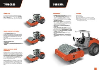 14 / 15
14 / 15
TAMBORES CUBIERTA
TAMBOR LISO
Los tambores lisos se emplean para trabajos de compactación
ligeros y medios, y son especialmente apropiados para asfalto y
suelos no cohesivos como, p. ej., arena, grava o piedra triturada.
Las piezas de desgaste (separador) pueden sustituirse fácilmente.
EQUIPAMIENTO
• Puesto de conductor ergonómico DeLuxe con autorización
ROPS y árbol de dirección de triple ajuste (plegable en dos
posiciones y un compartimento extraíble). De esta forma se
consigue una posición de asiento óptima para el operario..
• Cubierta de plástico recientemente desarrollada con drenaje
óptimo del agua de lluvia.
• Palanca de mando electrónica para un manejo cómodo y
suave de la máquina. Integrado en el reposabrazos, para amor-
tiguar lo mejor posible los movimientos de vaivén en terrenos
irregulares y en conjunto con el asiento.
• Todas la funciones de conmutación integradas en el
reposabrazos.
• Las tiras antideslizantes sobre el suelo proporcionan un
agarre seguro al subirse o al bajarse, incluso con mal tiempo.
• Compartimento grande para almacenamiento bajo el asiento.
• Equipado de serie con dos espejos exteriores y cuatro luces
de trabajo (2 delante y 2 detrás).
• Visión óptima al tiempo que segura gracias a la barra
perimetral.
• Todos los componentes eléctricos desarrollados para el
uso en exteriores, resistentes al polvo o la lluvia y fáciles de
limpiar.
TAMBOR LISO CON KIT PD SHELL
Con el kit Shell de tres piezas, un tambor
liso puede convertirse rápida y económicamente en un tambor con
pata de cabra. Las mordazas pueden ampliar el área de aplicación
de la compactadora, de modo que también pueda operar sobre
suelos cohesivos.
El montaje y desmontaje es muy simple y se pueden llevar a cabo
in situ.
• Montaje y desmontaje rápidos
• Limpieza fácil
• En el kit Shell se incluye un juego completo de cinceles de
limpieza
TAMBOR DE PATA DE CABRA
(TAMBOR PD)
El tambor PD consiste en un tambor liso con patas de cabra adicio-
nales soldadas y con forma trapedoidal. Se emplea para trabajos de
compactación de medios a pesados, y es especialmente apropiado
para suelos altamente cohesivos con alto contenido de agua
como, p. ej., arcilla o barro. El perfil de las patas de cabra se ocupa
de que la superficie aumente de tamaño, de modo que el suelo
húmedo y cohesivo pueda secarse antes.
A diferencia del tambor liso con el kit PD Shell, el tambor de pata
de cabra se instala en combinación con una tracción HD. De este
modo, el rodillo alcanza una mayor rigidez y es también más res-
petuoso con el medio y más eficiente, gracias a una multiplicación
inferior.
OPCIONAL
+ Asiento giratorio
+ Luces de trabajo LED
+ Iluminación de tráfico normal para circular por la vía pública
+ Diferentes faros giratorios (giratorios o luces parpadeantes LED)
+ Todos los indicadores disponibles de weycor para la medición de
compactación (ver páginas 12/13)
 