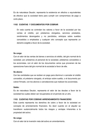 Es de naturaleza Deudor, representa la existencia en efectivo o equivalentes
de efectivo que la sociedad tiene para cumplir con compromisos de pago a
corto plazo.
1102 CUENTAS Y DOCUMENTOS POR COBRAR
En esta cuenta se controlan los valores a favor de la sociedad por las
ventas al crédito, por préstamos otorgados, servicios prestados,
rendimientos devengados y no percibidos, anticipos sobre sueldos
concedidos a empleados y cualquier otro concepto que represente un
derecho exigible a favor de la sociedad.
Se carga:
Con el valor de las ventas de bienes o servicios al crédito, del giro normal de la
sociedad, por préstamos al personal de la sociedad, préstamos concedidos a
los accionistas, con el valor de los documentos varios que provienen de las
operaciones fuera del giro normal de la sociedad a favor de ella.
Se abona:
Con las cantidades que se reciben en pago para disminuir o cancelar el crédito
concedido, el préstamo otorgado, el anticipo sobre sueldo, o el documento por
cobrar firmado, con los abonos o cancelaciones que realizan los accionistas.
Saldo:
Es de naturaleza Deudor, representa el valor de las deudas a favor de la
sociedad los cuales deben ser recuperados en el período de un año.
1103 CUENTAS POR COBRAR ARRENDAMIENTO FINANCIERO
Esta cuenta representa los derechos de cobro a favor de la sociedad en
concepto de arrendamiento financiero. Es decir cuando en el alquiler se
transfieren sustancialmente todos los riesgos y ventajas inherentes a la
propiedad del activo.
Se carga:
Con el valor de la inversión neta del activo en arrendamiento.
 