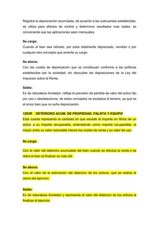 Registra la depreciación acumulada, de acuerdo a las subcuentas establecidas,
se utiliza para efectos de control y determinar resultados mas reales, es
conveniente que las aplicaciones sean mensuales.
Se carga:
Cuando el bien sea retirado, por estar totalmente depreciado, vendido o por
cualquier otro concepto que amerite su cargo.
Se abona:
Con las cuotas de depreciación que se constituyan conforme a las políticas
establecidas por la sociedad, sin descuidar las disposiciones de la Ley del
Impuesto sobre la Renta.
Saldo:
Es de naturaleza Acreedor, refleja la previsión de pérdida de valor del activo fijo
por uso u obsolescencia, de estos conceptos se exceptúa el terreno, ya que es
el único bien que no sufre depreciación.
1203R DETERIORO ACUM. DE PROPIEDAD, PALNTA Y EQUIPO
Esta cuenta representa la cantidad en que excede el importe en libros de un
activo a su importe recuperable, entendiendo como importe recuperable, el
mayor entre su valor razonable menos los costes de venta y su valor de uso.
Se carga:
Con el valor del deterioro acumulado del bien cuando se efectúa la venta o se
retira el bien al finalizar su vida útil.
Se abona:
Con el valor de la estimación del deterioro de los activos, que se realice al
cierre del ejercicio.
Saldo:
Es de naturaleza Acreedor y representa el valor del deterioro de los activos al
finalizar el ejercicio
 
