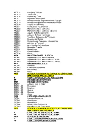 4103.14 Pasajes y Viáticos
4103.15 Transporte
4103.16 Papelería y Útiles
4103.17 Impuestos Municipales
4103.18 Depreciación de Propiedad Planta y Equipo
4103.19 Depreciación por Arrendamiento Financiero
4103.20 Seguro de Vehículos
4103.21 Combustible y Lubricantes
4103.22 Mantenimiento de Vehículos
4103.23 Mantenimiento de Mobiliario y Equipo
4103.24 Alquiler de Establecimiento
4103.25 Artículos de Aseo y Limpieza
4103.26 Tarjeta de Circulación de Vehículos
4103.27 Servicios de Correo
4103.28 Herramientas, Repuestos y Accesorios
4103.29 Atención al Personal
4103.30 Amortización de Intangibles
4103.31 Seguridad Privada
4103.32 Donaciones
4103.33 Capacitaciones
4103.34 Otros
4104 IMPUESTO SOBRE LA RENTA
4104.01 Impuesto sobre la Renta Corriente
4104.02 Impuesto sobre la Renta Diferido - Activo
4104.03 Impuesto sobre la Renta Diferido - Pasivo
4105 GASTOS FINANCIEROS
4105.01 Intereses
4105.02 Comisiones Bancarias
4105.03 Descuentos
4105.04 Otros
4106 PÉRDIDA POR VENTA DE ACTIVOS NO CORRIENTES
MANTENIDOS PARA LA VENTA
5 CUENTAS DE RESULTADO ACREEDORAS
51 INGRESOS DE OPERACIÓN
5101 INGRESOS POR VENTAS
5101.01 Artículos para el Hogar
5101.01.01 Decoración
5101.01.02 Limpieza
5101.01.03 Cocina
5101.01.04 Muebles
5101.01.05 Otros
5102 PRODUCTOS FINANCIEROS
5102.01 Intereses Bancarios
5102.02 Comisiones
5102.03 Descuentos
5102.04 Diferenciales Cambiarios
5102.05 Otros Productos Financieros
5103 PÉRDIDA POR VENTA DE ACTIVOS NO CORRIENTES
MANTENIDOS PARA LA VENTA
6 CUENTA LIQUIDADORA O DE CIERRE
61 CUENTA LIQUIDADORA O DE CIERRE
6101 PÉRDIDAS Y GANANCIAS
7 CUENTAS DE MEMORANDUM DEUDORAS
71 CUENTAS DE ORDEN DEUDORAS
 
