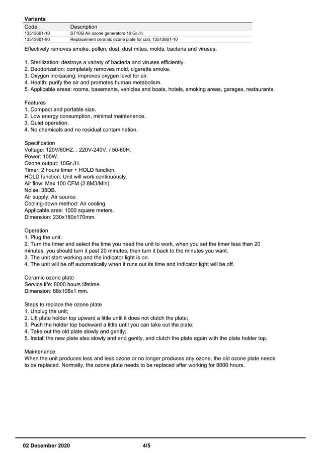 Ozone generator catalog PDF