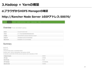 25
3.Hadoop + Yarnの構築
d.ブラウザからHDFS Managerの確認
http://Rancher Node Server 1のIPアドレス:50070/
 