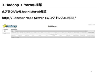 28
3.Hadoop + Yarnの構築
d.ブラウザからJob Historyの確認
http://Rancher Node Server 1のIPアドレス:19888/
 