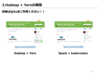 29
http://ur0.link/yAEU
詳細はQiitaをご利用ください！！
3.Hadoop + Yarnの構築
http://ur0.link/yAEt
Hadoop + Yarn Spark + kubernetes
 