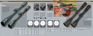 Page 16 Page 17
SII Series Riflescopes
Push the boundaries of performance
beyond your competition. The SII Target
series puts all the required features
for quality and performance and then
gives more – value. Take aim knowing
that you will never miss with the SII
Target series riflescope.
SII Target/Varmint Riflescope Specifications
Item		 FOV	 Eye Relief	 Reticle	 Click Value	 Min. per	 W/E Travel	 Knob	 Weight	 Length	 Tube
Number	 Description	 (ft @100 yds.)	 (in.)	 Type	 (@100yds.)	 Revolution	 (@100yds.)	 Style	 (oz.)	 (in.)	 Dia.
20013	 SII416X42	 23.5-6.5	 3.0-3.4	 Duplex	 1/8 MOA	 7.5 MOA	 50 MOA	 Target	 16.0	 13.6	 1.0 IN.
10717	 SII416X42MD	 23.5-6.5	 3.0-3.4	 Mil-Dot	 1/8 MOA	 7.5 MOA	 50 MOA	 Target	 16.0	 13.6	 1.0 IN.
20020	 SII416X42HHR	 23.5-6.5	 3.0-3.4	 Hunter Holdover	 1/8 MOA	 7.5 MOA	 50 MOA	 Target	 16.0	 13.6	 1.0 IN.
20014	 SII624X42	 14.8-4.4	 3.0-3.9	 Duplex	 1/8 MOA	 7.5 MOA	 40 MOA	 Target	 17.9	 14.9	 1.0 IN.
10119	 SII624X42D	 14.8-4.4	 3.0-3.9	 Dot (.15)	 1/8 MOA	 7.5 MOA	 40 MOA	 Target	 17.9	 14.9	 1.0 IN.
11111	 SII624X42MD	 14.8-4.4	 3.0-3.9	 Mil-Dot	 1/8 MOA	 7.5 MOA	 40 MOA	 Target	 17.9	 14.9	 1.0 IN.
30156	 SII36X42BRD	 3.0	 3.2	 Dot (.125)	 1/8 MOA	 7.5 MOA	 60 MOA	 Target	 17.3	 15.3	 1.0 IN.
SII Hunting Riflescope Specifications
Item		 FOV	 Eye Relief	 Reticle	 Click Value	 Min. per	 W/E Travel	 Knob	 Weight	 Length	 Tube
Number	 Description	 (ft @100 yds.)	 (in.)	 Type	 (@100yds.)	 Revolution	 (@100yds)	 Style	 (oz.)	 (in.)	 Dia.
20003	 SII39X42	 34.0-11.7	 3.6-4.2	 Duplex	 1/4 MOA	 15 MOA	80 MOA	 Hunting	 13.2	 12.1	 1.0 IN.
20017	 SII39X42HHR	 34.0-11.7	 3.6-4.2	 Hunter Holdover	 1/4 MOA	 15 MOA	 80 MOA	 Hunting	 13.2	 12.1	 1.0 IN.
10109	 SII4.514X50	 23.1-7.9	 3.1-4.1	 Duplex	 1/4 MOA	 15 MOA	 50MOA	 Hunting	 15.4	 13.9	 1.0 IN.
Target Turrets
Positive audible click adjust-
ments offered in 1/8 MOA
at 100 yards. All target turret
models are resettable to zero
and protected by a durable
cap.
Adjustable Objective
Offered on all SII series target
models an adjustable objec-
tive featuring 720 degrees of
rotation for a fine focusing
ability. All models minimum
focusing range vary depend-
ing on model.
Finger Adjustable
Turrets
Round knurled dials with
positive audible clicks for
quick and easy adjustment
in the field. Windage and
elevation caps are standard
on all hunting models.
Duplex
• 39X42 • 416X42
• 624X42 • 4.514X50
.15 Dot
• 624X42
.125 Dot
• 36X42
Mil-Dot
• 416X42 • 624x42
Hunter Holdover
• 39X42 • 416X42
30156 - SII36X42BRD
20013 - SII416X42
10109- SII4.514X50
20003- SII39X42
Complete Riflescope Specifications
Complete reticle subtensions for the SII Series are located on
Page 36 of this catalog.
SII Series
Target Models
We like to think that at the heart of a
riflescope there is precision, accuracy,
clarity and ruggedness that can with-
stand any environment. We built the SII
Hunting series with this at mind and
then added a little more – affordability.
SII Series
Hunting Models
 