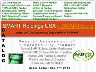G e n e r a l A s s e s s m e n t o f
E m p l o y a b i l i t y P r o d u c t
Reveal SMP (Subject Matter Preference)
Reveal SME (Subject Matter Expertise)
Predict Job Finding Outcome
Predict Job Search Duration
Know Your Marketability
SMART Holdings USA – SMARTvt.org
Job Club Product
Guaranteed Jobs Product
13 Week GAE+ Product
Employability Testing
Cohort University Product
SMP Selection Product
SME Field Product
Media Launch Product
SMART Magazine
Linked IN Product
Employer Referral Product
Outplacement Product
Retained Executive Search
C-Suite Brand Product
Veteran’s Re-employment
ERP – HIE – HIT – EMR
Authorship / Editing
Product
Logistics Pic-Pak-Ship
Product
Largest Job Club Sponsoring Organization in the World
C
A
T
A
L
O
G
O r d e r To d a y : 8 0 2 7 7 7 2 1 4 6
 