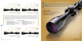 2-10x42
3--15x56 4--20x50
3--15x50gs3 2-10x42
gs3 3-15x56 gs3 4-20x50
gs3 3-15x50
steiner-optics.com
12
Tube Diameter 30 mm I Length 15.0 I weight 25.1 oz
Item no. 5006
Tube Diameter 30 mm I Length 13.5 I weight 18.0 oz
Item no. 5004
Tube Diameter 30 mm I Length 16.4 I weight 28.2 oz
Item no. 5007
Tube Diameter 30 mm I Length 14.1 I weight 24.0 oz
Item no. 5005
Gives varmint and hog hunters sharp images at night and in dim light
Offers a wide field of view making it easier to find your target
Versatile enough for big game, prairie dog, or bean field
For low-light performance that mounts on most rifles without extra-high rings
The new Steiner GS3 “Game Sensing” scope utilizes exclusive CAT™ Color Adjusted Transmission lens coatings to amplify
contrast in the peak human vision sensitivity range. The optimized contrast effectively separates game from leafy or
shadow-dappled backgrounds, exposing your target to a clean, accurate shot. And the GS3 5x zoom range lets hunters
from eastern whitetail country to western big game ranges pair their new scope with their favorite centerfire, rimfire,
or muzzleloader rifle. And or course, Steiner’s bedrock reliability will always deliver unfailing performance, what-
ever firearm or target you prefer.
gs3 overall features
• New 5x Zoom Range provides sharp resolution at long distances for
	 more accurate shooting in wide-open areas.
• CAT™ Color Adjusted Transmission amplifies contrast in the peak
	 human vision sensitivity range, to spot game in any environment.
• STEINER PLEX S1/S7 RETICLES help determine holdover for distance
	 and cascading dots/lines compensate for wind.
• Short mounting length of just 5.4 inches for mounting on short
	 actions, muzzleloaders, or lightweight mountain rifles.
• Rugged 30mm tube milled from solid aluminum stock so there are
	 no welds or seams, for greater strength and durability.
• Waterproof/Fogproof durable construction you can trust to stand
	 up to any cold or wet condition.
deadlier vision
than humanly possible.
German engineered, American made 5x versatility for
virtually any rifle, plus CAT™ Color Adjusted Transmission
coatings to pick out prey from any environment.
new
hunting series 13
steiner-optik2014
 