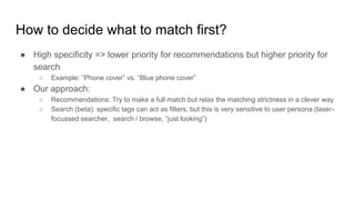 How to decide what to match first?
● High specificity => lower priority for recommendations but higher priority for
search
○ Example: “Phone cover” vs. “Blue phone cover”
● Our approach:
○ Recommendations: Try to make a full match but relax the matching strictness in a clever way
○ Search (beta): specific tags can act as filters, but this is very sensitive to user persona (laser-
focussed searcher, search / browse, “just looking”)
 