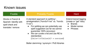 Known issues
Fixable Probably Fixable Hard
Words in French &
Spanish: Identify with
spell check and
translate / remove
A standard approach to splitting 
amalgamation (“handsfree” vs. “hands
free”)
● For splitting we can potentially use
spell suggestion (so far we cannot
guarantee 100% accuracy)
● We can curate a list and use RE to
standardize
([Oo]vers?[Ss]ize[d]? ⇒ oversized)
Better stemming / synonym / PoS libraries
Extend lexical tagging
(create or “get” lists):
● Brands
● Model names
● Phrases
 