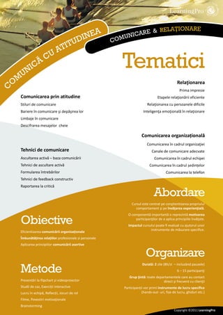 RELAŢIONARE
                                A                              ARE &
                            DINE                        COMU
                                                            NIC
                         ITU
                       AT
                    CU

   UNI
      CĂ                                                   Tematici
  M
 O                                                                                              Relaţionarea
C                                                                                                 Prima impresie
   Comunicarea prin atitudine                                                     Etapele relaţionării eficiente
   Stiluri de comunicare                                                   Relaţionarea cu persoanele dificile
   Bariere în comunicare şi depăşirea lor                               Inteligenţa emoţională în relaţionare
   Limbaje în comunicare
   Descifrarea mesajelor cheie

                                                                       Comunicarea organizațională
                                                                           Comunicarea în cadrul organizaţiei
   Tehnici de comunicare                                                      Canale de comunicare adecvate
   Ascultarea activă – baza comunicării                                         Comunicarea în cadrul echipei
   Tehnici de ascultare activă                                              Comunicarea în cadrul ședințelor
   Formularea întrebărilor                                                              Comunicarea la telefon
   Tehnici de feedback constructiv
   Raportarea la critică

                                                                               Abordare
                                                                Cursul este centrat pe conştientizarea propriului
                                                                  comportament şi pe învăţarea experienţială.
                                                             O componentă importantă o reprezintă motivarea

   Obiective                                                     participanţilor de a aplica principiile învăţate.
                                                             Impactul cursului poate fi evaluat cu ajutorul unor
                                                                           instrumente de măsurare specifice.
   Eficientizarea comunicării organizaționale
   Îmbunătățirea relațiilor profesionale și personale
   Aplicarea principiilor comunicării asertive

                                                                          Organizare
                                                                       Durată: 2 zile (8h/zi – incluzând pauzele)
   Metode                                                                                       6 – 15 participanţi
                                                              Grup ţintă: toate departamentele care au contact
   Prezentări la flipchart și videoproiector                                        direct şi frecvent cu clienţii
   Studii de caz, Exerciții interactive                    Participanții vor primi instrumente de lucru specifice
   Lucru în echipă, Reflecții, Jocuri de rol                           (hands-out- uri, fișe de lucru, ghiduri etc.)
   Filme, Povestiri motivaţionale
   Brainstorming
                                                                                              Copyright ©2011 LearningPro
 