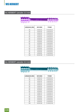 116
VIS HERBERT
LONGUEUR (MM) REF.INOX TITANE
25 HC35.25 TI-HC35.25
30 HC35.30 TI-HC35.30
35 HC35.35 TI-HC35.35
40 HC35.40 TI-HC35.40
45 HC35.45 TI-HC35.45
50 HC35.50 TI-HC35.50
55 HC35.55 TI-HC35.55
60 HC35.60 TI-HC35.60
65 HC35.65 TI-HC35.65
70 HC35.70 TI-HC35.70
75 HC35.75 TI-HC35.75
80 HC35.80 TI-HC35.80
85 HC35.85 TI-HC35.85
90 HC35.90 TI-HC35.90
95 HC35.95 TI-HC35.95
100 HC35.100 TI-HC35.100
Vis HERBERT canulée 3.5 mm
Vis HERBERT canulée 4.5 mm
LONGUEUR (MM) REF.INOX TITANE
25 HC45.25 TI-HC45.25
30 HC45.30 TI-HC45.30
35 HC45.35 TI-HC45.35
40 HC45.40 TI-HC45.40
45 HC45.45 TI-HC45.45
50 HC45.50 TI-HC45.50
55 HC45.55 TI-HC45.55
60 HC45.60 TI-HC45.60
65 HC45.65 TI-HC45.65
70 HC45.70 TI-HC45.70
75 HC45.75 TI-HC45.75
80 HC45.80 TI-HC45.80
85 HC45.85 TI-HC45.85
90 HC45.90 TI-HC45.90
95 HC45.95 TI-HC45.95
100 HC45.100 TI-HC45.100
 