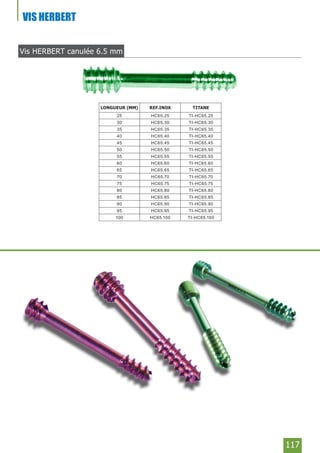 117
VIS HERBERT
Vis HERBERT canulée 6.5 mm
LONGUEUR (MM) REF.INOX TITANE
25 HC65.25 TI-HC65.25
30 HC65.30 TI-HC65.30
35 HC65.35 TI-HC65.35
40 HC65.40 TI-HC65.40
45 HC65.45 TI-HC65.45
50 HC65.50 TI-HC65.50
55 HC65.55 TI-HC65.55
60 HC65.60 TI-HC65.60
65 HC65.65 TI-HC65.65
70 HC65.70 TI-HC65.70
75 HC65.75 TI-HC65.75
80 HC65.80 TI-HC65.80
85 HC65.85 TI-HC65.85
90 HC65.90 TI-HC65.90
95 HC65.95 TI-HC65.95
100 HC65.100 TI-HC65.100
 