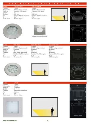 L    U     M      I   N   A    I    R   E      S        E    X    T    É        R    I   E    U    R    S      D   E   S   O   L

Modèle              LUG-24-9-RGB                       LUG-24-13-RGB
Puissance           9 watts                            13 watts
Alimentation        24VDC voltage constant             24VDC voltage constant
Angle del           45 degrés, 15 en option            45 degrés, 15 en option
Qté del             9                                  9
Couleurs            RGB 3en1                           RGB 3en1
Fini                Stainless 304, 316 en option       Stainless 304, 316 en option
IP                  IP 67                              IP 67
Durée de vie        40k hres et plus                   40k hres et plus




                                                        Plaque carrée sur demande




Modèle              LUG-25-12                      LUG-25-12-RGB                           LUG-25-18-RGB
Puissance           12 watt                        12 watts                                18 watts
Alimentation        24VDC voltage constant         24VDC voltage constant                  24VDC voltage constant
Angle del           25 degrés                      45 degrés                               45 degrés
Qté del             12                             12                                      12
Couleurs            blanc chaud, blanc froid       RGB 3en1                                RGB 3en1
Fini                Stainless 304, 316 en option   Stainless 304, 316 en option            Stainless 304, 316 en option
IP                  IP 67                          IP 67                                   IP 67
Durée de vie        40k hres et plus               40k hres et plus                        40k hres et plus




Modèle              LUG-27
Puissance           2 watts
Alimentation        120VAC
Angle del           120 degrés
Qté del             25
Couleurs            blanc chaud, blanc froid
Fini                Stainless
IP                  IP 67
Durée de vie        40k hres et plus




Rotech LED Catalogue 2011
                                                            14
 