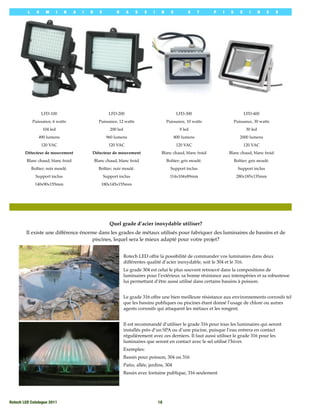 L      U     M       I   N   A   I   R      E          B      A    S    S    I    N     S         E      T   P   I    S      C     I       N   E   S




                    LFD-100                                LFD-200                                    LFD-300                             LFD-400
             Puissance, 6 watts                     Puissance, 12 watts                        Puissance, 10 watts                 Puissance, 30 watts
                    104 led                                 200 led                                    9 led                               30 led
                 490 lumens                               960 lumens                                 800 lumens                       2000 lumens
                    120 VAC                                120 VAC                                    120 VAC                             120 VAC
        Détecteur de mouvement                Détecteur de mouvement                       Blanc chaud, blanc froid           Blanc chaud, blanc froid
         Blanc chaud, blanc froid                 Blanc chaud, blanc froid                     Boîtier; gris moulé.                Boîtier; gris moulé.
             Boîtier; noir moulé.                   Boîtier; noir moulé.                         Support inclus                      Support inclus
               Support inclus                            Support inclus                         114x104x89mm                        280x185x135mm
               140x90x155mm                          180x145x155mm




                                                            Quel grade d’acier inoxydable utiliser?
         Il existe une différence énorme dans les grades de métaux utilisés pour fabriquer des luminaires de bassins et de
                                      piscines, lequel sera le mieux adapté pour votre projet?


                                                                      Rotech LED offre la possibilité de commander vos luminaires dans deux
                                                                      différentes qualité d’acier inoxydable, soit le 304 et le 316.
                                                                      Le grade 304 est celui le plus souvent retrouvé dans la compositions de
                                                                      luminaires pour l’extérieur, sa bonne résistance aux intempéries et sa robustesse
                                                                      lui permettant d’être aussi utilisé dans certains bassins à poisson.


                                                                      Le grade 316 offre une bien meilleure résistance aux environnements corrosifs tel
                                                                      que les bassins publiques ou piscines étant donné l’usage de chlore ou autres
                                                                      agents corrosifs qui attaquent les métaux et les rongent.


                                                                      Il est recommandé d’utiliser le grade 316 pour tous les luminaires qui seront
                                                                      installés près d’un SPA ou d’une piscine, puisque l’eau entrera en contact
                                                                      régulièrement avec ces derniers. Il faut aussi utiliser le grade 316 pour les
                                                                      luminaires que seront en contact avec le sel utilisé l’hiver.
                                                                      Exemples:
                                                                      Bassin pour poisson, 304 ou 316
                                                                      Patio, allée, jardins, 304
                                                                      Bassin avec fontaine publique, 316 seulement




Rotech LED Catalogue 2011
                                                                18
 