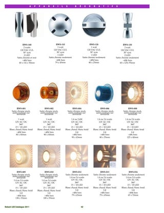 A      P    P    A    R    E    I     L   S          D    É        C   O   R      A   T    I   F      S




                   RWS-100                              RWS-110                                 RWS-120                               RWS-130
                    2 watts                               1 watt                                  1 watt                               2 watt
                120 VAC CUL                          120 VAC CUL                             120 VAC CUL                           120 VAC CUL
                   30° sym                               30° sym                                 30° sym                              30° sym
                     2 LED                                1 LED                                   1 LED                                2 LED
             Satin chrome et noir               Satin chrome seulement                  Satin chrome seulement                Satin chrome seulement
                  >40k hres                             >40k hres                               >40k hres                            >40k hres
               40 x 116 x 50mm                         79 x 45mm                               80 x 25mm                          60 x 125x 95mm




            RWS-001                        RWS-002                          RWS-004                          RWS-006                      RWS-008
       Satin chrome stock,            Satin chrome stock,              Satin chrome stock,              Satin chrome stock,          Satin chrome stock,
        autre couleurs sur             autre couleurs sur               autre couleurs sur               autre couleurs sur           autre couleurs sur
            demande                        demande                          demande                          demande                      demande

              1 watt                         1 watt                      1.4 ou 2.6W                    1.4 ou 2.6 watts               1.4 ou 2.6 watts
           12V AC/DC                      12V AC/DC                      12V AC/DC                        12V AC/DC                      12V AC/DC
               360°                           360°                           360°                             360°                           360°
           15 / 18 LED                    15 / 18 LED                    15 / 18 LED                      15 / 18 LED                    15 / 18 LED
     Blanc chaud, blanc froid       Blanc chaud, blanc froid       Blanc chaud, blanc froid         Blanc chaud, blanc froid       Blanc chaud, blanc froid
             >40k hres                      >40k hres                         G4                               G4                             G4
            80 x 60mm                      80 x 60mm                       >40k hres                        >40k hres                     >40k hres
                                                                          90 x 43mm                        80 x 55mm                     125 x 40mm




            RWS-009                        RWS-010                         RWS-012                          RWS-013                        RWS-016
       Satin chrome stock,            Satin chrome stock,          Satin chrome seulement           Satin chrome seulement         Satin chrome seulement
        autre couleurs sur             autre couleurs sur
            demande                        demande                     1.4 ou 2.6 watts                 1.4 ou 2.6 watts               1.4 ou 2.6 watts
         1.4 ou 2.6 watts               1.4 ou 2.6 watts                 12V AC/DC                        12V AC/DC                      12V AC/DC
           12V AC/DC                      12V AC/DC                          360°                             360°                           360°
               360°                           360°                       15 / 18 LED                      15 / 18 LED                    15 / 18 LED
           15 / 18 LED                    15 / 18 LED              Blanc chaud, blanc froid         Blanc chaud, blanc froid       Blanc chaud, blanc froid
     Blanc chaud, blanc froid       Blanc chaud, blanc froid                  G4                               G4                             G4
                G4                             G4                          >40k hres                        >40k hres                      >40k hres
            >40k hres                      >40k hres                      79 x 65mm                        79 x 65mm                      65 x 53mm
           138 x 53mm                     100 x 55mm



Rotech LED Catalogue 2011
                                                             42
 