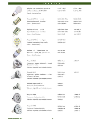 A     M     P   O        U   L     E   S



                             Ampoule A19 donne environ 40 watts inc.                       LA19-CF-3000        LA19-CL-3000
                             LA19 disponible dans le CW et WW                              LA19-CF-5000        LA19-CL-5000
                             Capsule blanche ou claire



                             Ampoule BI-PIN G4      1.4 watt                               LG4-15-3000 75lm    LG4-15-BLUE
                             disponible dans toutes les couleur                            LG4-15-5000 105lm   LG4-15-GREEN
                             13mm x 30mm hors tout.                                        LG4-15-AMBER        LG4-15-RED



                             Ampoule BI-PIN G4      2.6 watt                               LG4-18-3000 180lm   LG4-18-BLUE
                             disponible dans toutes les couleur                            LG4-18-5000 215lm   LG4-18-GRE
                             17mm x 30mm hors tout.                                        LG4-18-AMB          LG4-18-RED



                             Ampoule BI-PIN G4      1 watt plat                            LG4-LR9-3000
                             Disque de remplacement pour «puck»                            LG4-LR9-5000
                             13mm x 30mm hors tout.



                             Ampoule E27        3 watts 48 smd 3528                        LE27-48-3000
                             Alternative A19, CW, WW, 230 lumen max                        LE27-48-5000
                             31mm x 60mm hors tout.



                             Ampoule MR16                                                  LMR16-5mm           LMR16-9
                             Nous avons 3 modèles différents, la 2 watts, la               LMR16-RGB
                             3 watts et la 9 watts.                                        LMR16-3
                             Elles sont disponible dans toutes les couleurs



                             Ampoule GU10                                                  LGU10-5mm           LGU10-9
                             Nous avons 3 modèles différents, la 1.2 watts,                LGU10-RGB
                             la 3 watts et la 9 watts.                                     LGU10-3
                             Elles sont disponible dans toutes les couleurs



                             Ampoule PAR20 douille E27                                     LPAR20-3
                             Nous avons plusieurs intensités.                              LPAR20-6
                             Elles sont disponible dans toutes les couleurs




                             Ampoule PAR30                                                 LPAR30-5mm          LPAR30-15
                             Nous avons plusieurs intensités.                              LPAR30-RGB          LPAR30-21
                             Elles sont disponible dans toutes les couleurs                LPAR30-5




                             Ampoule PAR38                                                 LPAR38-5mm          LPAR38-12
                             Nous avons plusieurs intensités.                              LPAR38-RGB          LPAR38-24
                             Elles sont disponible dans toutes les couleurs                LPAR38-7            LPAR38-36




Rotech LED Catalogue 2011
                                                    43
 