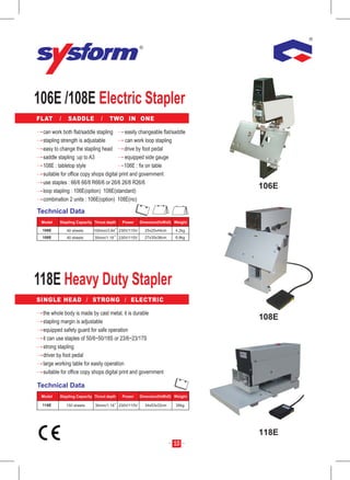 106E /108E Electric Stapler
FLAT     /    SADDLE           /   TWO IN ONE

 can work both flat/saddle stapling        easily changeable flat/saddle
 stapling strength is adjustable           can work loop stapling
 easy to change the stapling head          drive by foot pedal
 saddle stapling :up to A3                 equipped side gauge
 108E : tabletop style                     106E : fix on table
 suitable for office copy shops digital print and government
 use staples : 66/6 66/8 R66/6 or 26/6 26/8 R26/6
 loop stapling : 106E(option) 108E(standard)
                                                                                106E
 combination 2 units : 106E(option) 108E(no)

Technical Data
 Model   Stapling Capacity Throut depth    Power      Dimension(HxWxD) Weight

 106E        40 sheets     100mm/3.94 230V/115V         25x25x44cm     4.2kg
 108E        40 sheets     30mm/1.18      230V/115V     27x35x36cm     6.8kg




118E Heavy Duty Stapler
SINGLE HEAD / STRONG / ELECTRIC

 the whole body is made by cast metal, it is durable
 stapling margin is adjustable
                                                                                108E
 equipped safety guard for safe operation
 it can use staples of 50/6~50/18S or 23/6~23/17S
 strong stapling
 driver by foot pedal
 large working table for easily operation
 suitable for office copy shops digital print and government

Technical Data
 Model   Stapling Capacity Throut depth    Power      Dimension(HxWxD) Weight

 118E        150 sheets    30mm/1.18      230V/115V     34x53x32cm     26kg




                                                                                118E
                                                                      10
 