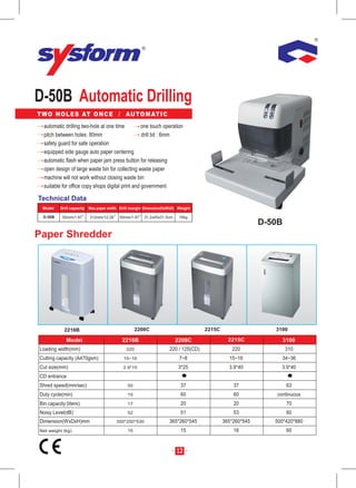 D-50B Automatic Drilling
T WO H O L E S AT O N C E / AU TO M AT I C
  automatic drilling two-hole at one time          one touch operation
  pitch between holes: 80mm                        drill bit : 6mm
  safety guard for safe operation
  equipped side gauge auto paper centering
  automatic flash when paper jam press button for releasing
  open design of large waste bin for collecting waste paper
  machine will not work without closing waste bin
  suitable for office copy shops digital print and government

Technical Data
 Model    Drill capacity Max.paper width Drill margin Dimension(HxWxD) Weight

 D-50B      50mm/1.97    312mm/12.28    50mm/1.97    31.2x45x31.5cm    16kg
                                                                                                        D-50B
Paper Shredder




            2216B                                 2208C                           2215C                    3100

             Model                       2216B                        2208C                 2215C               3100
Loading width(mm)                           220                   220 / 125(CD)              220                310
Cutting capacity (A470gsm)                15~16                        7~8                  15~16            34~36
Cut size(mm)                              2.9*15                      3*25                  3.9*40           3.9*40
CD entrance
Shred speed(mm/sec)                         50                          37                    37                 63
Duty cycle(min)                             15                          60                    60           continuous
Bin capacity (liters)                       17                          20                    20                 70
Noisy Level(dB)                             52                          51                    53                 60
Dimension(WxDxH)mm                     350*250*530                365*260*545             365*260*545      500*420*880
Net weight (kg)                             15                          15                    16                 60


                                                                      12
 
