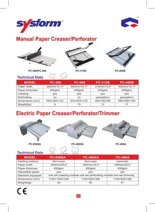 Manual Paper Creaser/Perforator




       PC-360/PC-460                         PC-315B                        PC-460B

Technical Data
    MODEL                PC-360            PC-460            PC-315B           PC-460B
Paper width            360mm/14.17       460mm/18.11        315mm/12.4        460mm/18.11
Paper thickness          450gsm            450gsm             450gsm            450gsm
creasing                   yes               yes                yes               yes
Perforating                no                no              yes(option)       yes(option)
Dimensions (mm)        593×383×122       533×553×122        500×380×95        690×590×180
Weight(kg)                  9                15                  12                17


Electric Paper Creaser/Perforator/Trimmer




       PC-650SA                          PC-480SA                           PC-480A


Technical Data
    MODEL                PC-650SA                   PC-480SA                PC-480A
Feeding method             Semi-auto               Semi-auto                 automatic
Paper width               650mm/25.6              480mm/18.9                650mm/25.6
Paper thickness             450gsm                  450gsm                    450gsm
Adjustable speed              yes                     yes                       yes
Standard equipped       one set creasing module one set perforating module one set trimming
Dimensions (mm)         1100×1000×200              1150×620×300            1150×620×300
Weight(kg)                    40                        40                      41




                                              13
 