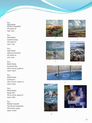 No 1
Aidan Butler
Wicklow Poppyfield
Oil, 36x36 cm
€350- €450

No 2                               1                           2
Aidan Butler                   1
                                               2
Coastal Grazing
Oil, 36x36 cm
€350- € 450

No 3
Aidan Butler
Afternoon Swimmer
Oil, 36x36 cm                      3                       4
€290- €350

                               3
No 4
                                                   4
Sheila Hanley
Scotsman’s Bay
Oil on canvas, 64x98 cm
€1900- €2500

No 5                                                   5
Sheila Hanley
Coming out
Oil on canvas, 114x60 cm               5
€1900 -€2500

No 6
Sheila Hanley
Spring Tide
Oil on canvas, 59x95 cm
€1450- €1850

No 7
Michael Gemmell                                                7
The Clowns Imagination         6
Oil on linen, 94x95
€9500- €12500                              7

                           6


                                                                   12
 