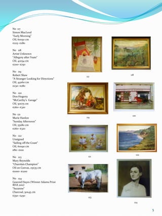 No 117
Simon MacLeod
“Early Morning”
Oil, 60x50 cm
€225- €280

No 118
Artist Unknown
“Allegory after Yeats”
Oil, 42x54 cm
€200- €250

No 119
Robert Shaw                                  118
                                      117
“A Stranger Looking for Directions”
Oil, 44x60 cm
€230- €280

No 120
Don Hogerty
“McCarthy’s Garage”
Oil, 50x75 cm
€260- €320

No 121                                        120
Marie Hanlon                          119
“Sunday Afternoon”
Oil, 55x80 cm
€260- €320

No 122
Unsigned
“Sailing off the Coast”
Oil, 60x90 cm
€80- €100
                                                    122
No 123                                 121
Mary Reynolds
“Charolais Champion”
Oil on Canvas, 25x35 cm
€1000- €1200

No 124
Gearoid Hayes (Winner Adams Prize
RHA 2011)
“Suzanne”
Charcoal, 50x45 cm
€350- €450
                                       123

                                                   124


                                                          5
 